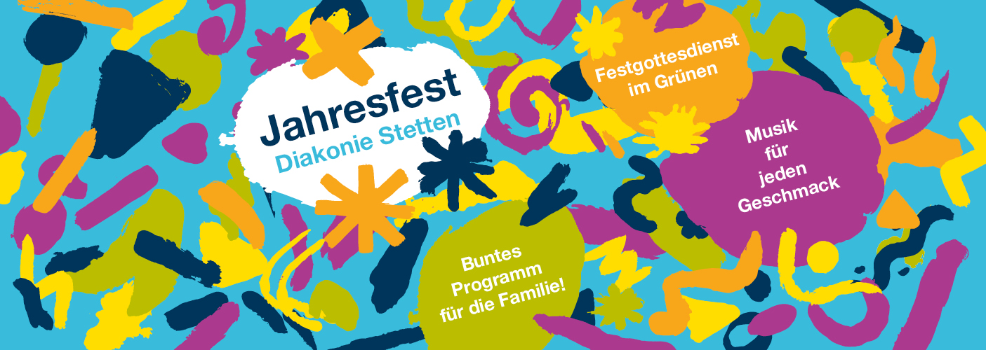Gezeichnete bunte Konfetti auf blauem Hintergrund mit Angabe Jahresfest Diakonie Stetten
