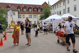 Jahresfest 2025 – Personen und Informationsstände im Schlosshof, eine bunt gekleidete Person zeigt auf ihr Schild, das sie an einem Stock trägt. Jahresfest 2025 – Personen und Informationsstände im Schlosshof, eine bunt gekleidete Person zeigt auf ihr Schild, das sie an einem Stock trägt.